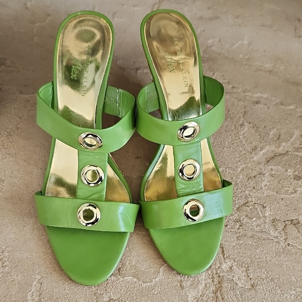 Anne Klein Green Mules with Gold Details Accent Size 10M